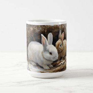 Två Cute Bunny Rabbits Snugglade i Snö Hetten Kaffemugg