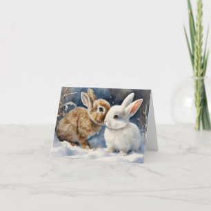 Två Cute Bunny Rabbits Snuggled i Snö Blank Kort