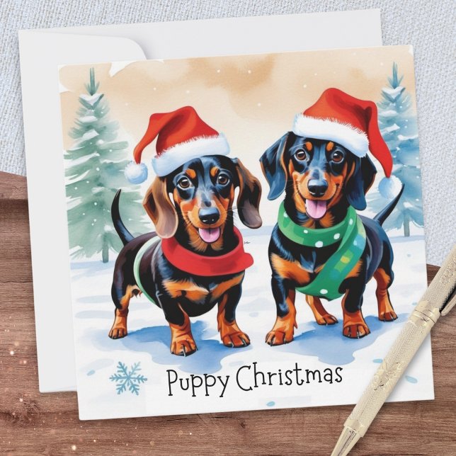 Två Cute Dachshund Puppies Pet Hund Puppy Jul Julkort (A Christmas card with illustration of two cute dachshund puppies and caption 'Puppy Christmas')