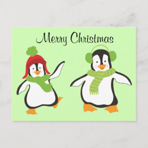 Två Cute Dancing Tecknad Penguins Helg Vykort