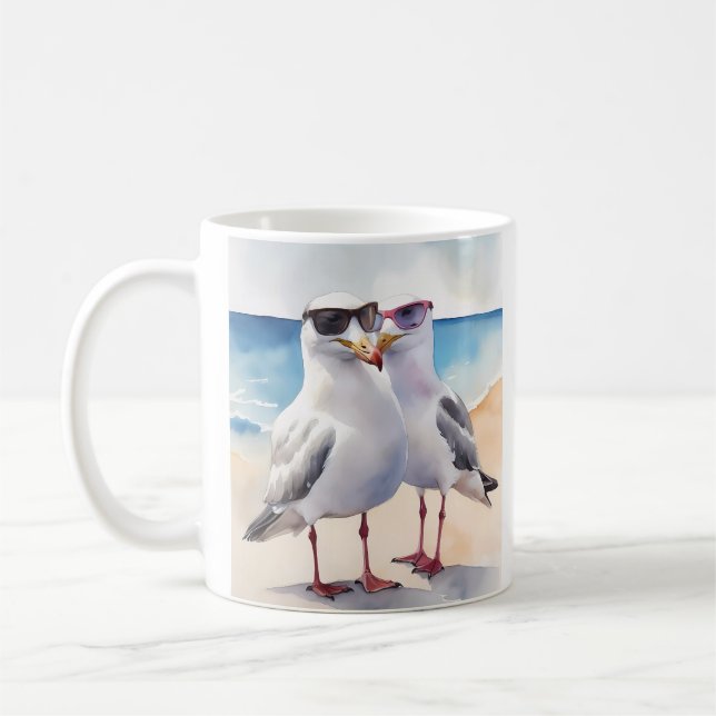 Två Cute Fiskmås Inlove Kaffemugg (Vänster)