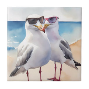 Två Cute Fiskmås Inlove Kakelplatta