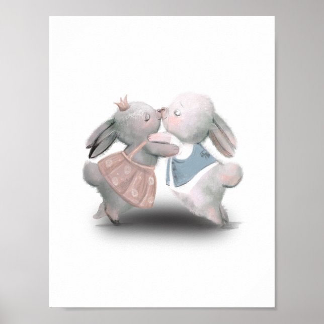 Två Cute Fluffy Blue och Rosa Kaniner Poster (Framsidan)