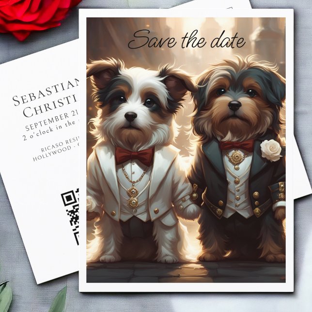 Två Cute Hund Grooms Gay Bröllop spara datum Meddelande Vykort (Two Cute Dog Grooms Gay Wedding Save the Date Announcement Postcards from Ricaso. Mr & Mr fluffy dog)