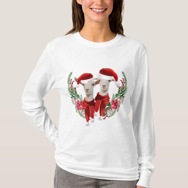 Två Cute-julen Saanen Goat Kids i utandningen T Shirt (Framsida)