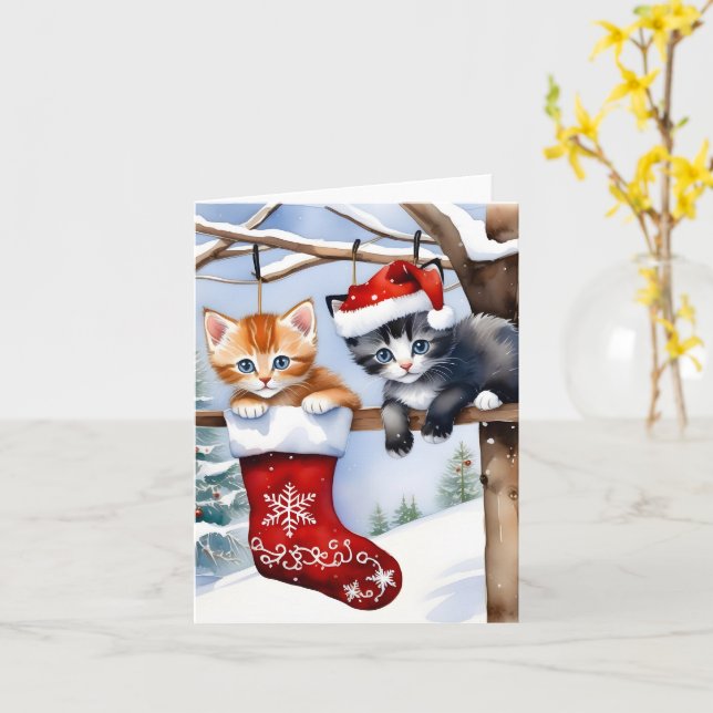 Två Cute Kittens jul Stock Red Hat Blank Kort (Gul blomma)