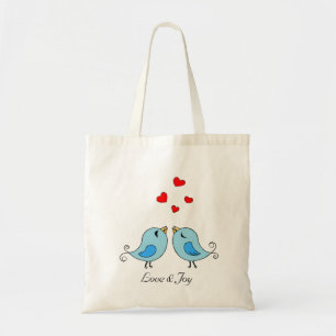 Två Cute Little Blue Birds med Kärlek & Joy Text Tygkasse