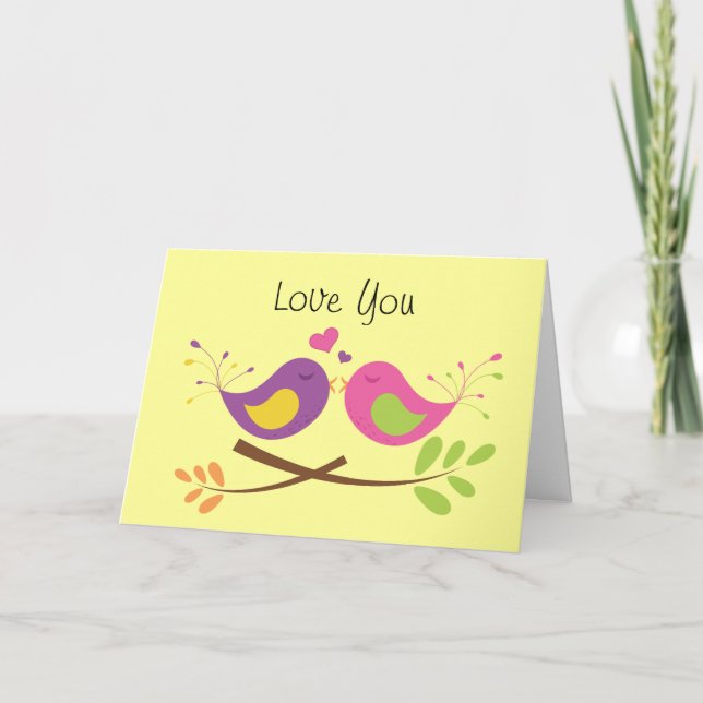 Två Cute Lovebird Valentine Day Helgkort (Framsida)