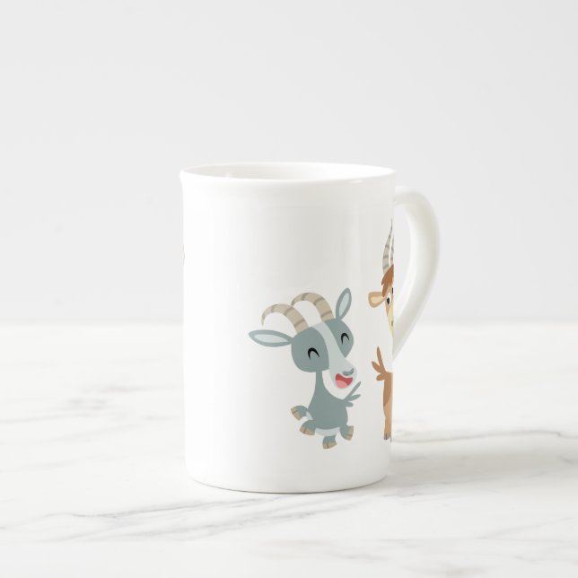 Två Cute Lycklig Tecknad-getter Bone China Mugg Benporslin Mugg (Framsida höger)