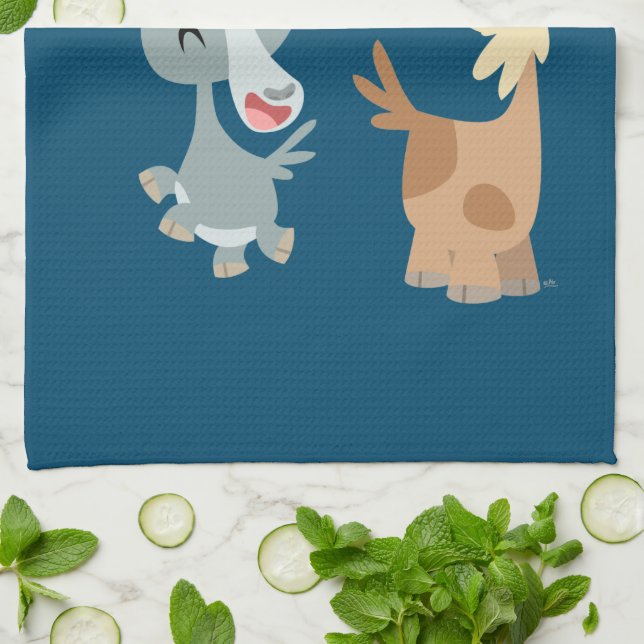 Två Cute Lycklig Tecknad Goats Kitchen Towel Kökshandduk (Vikta)