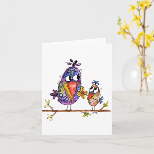 Två Cute- och Whimsialfåglar Kort (Gul blomma)