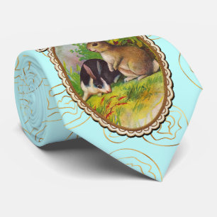 Två Cute Påskhare Guld Flowers Turcoise Tie Slips