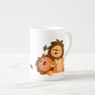 Två Cute PlayTecknad Lejon Bone China Mugg Benporslin Mugg