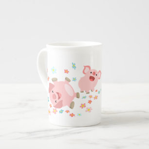 Två Cute Tecknad Grisar i Vår Bone China Mugg Benporslin Mugg