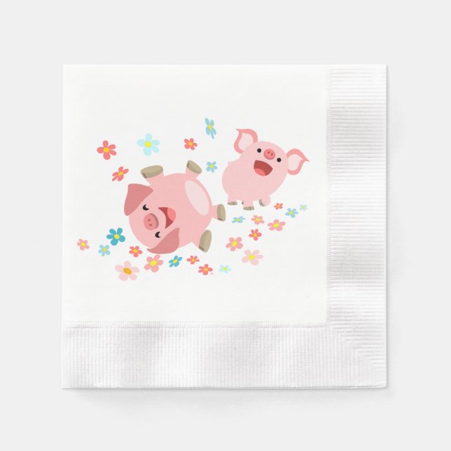Två Cute Tecknad Grisar i Vår i Pappra Napkins Pappersservett (Framsidan)