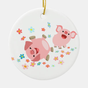 Två Cute Tecknad Grisar i Vår Julgransprydnad Keramik