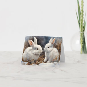 Två Cute White Bunny-kaniner i Snö Blank Kort