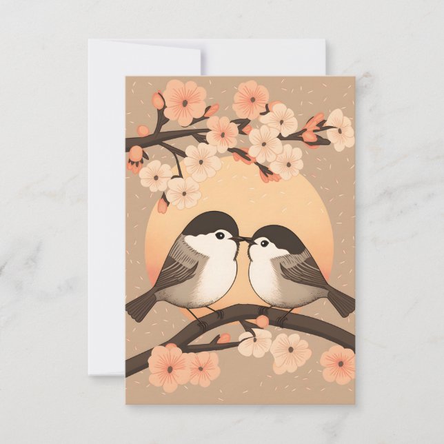 Två Cute Young Chickadee Bird Kissing Card Tack Kort (Framsida)