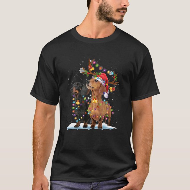 Två Dachshund Reindeer jul Ljus Hund Julafton S T Shirt (Framsida)
