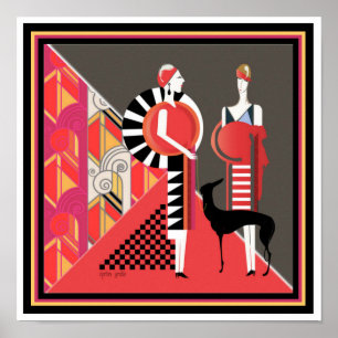 Två Dam med Hund Art Deco Poster 12 x 12