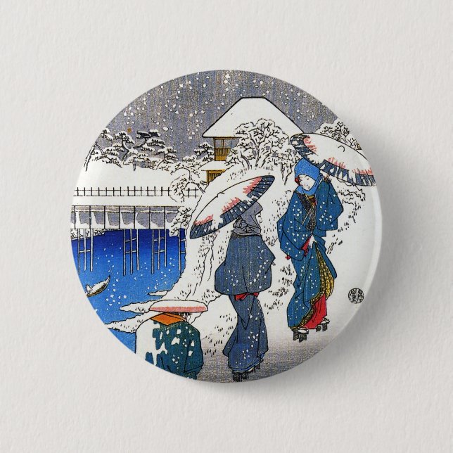 Två dam som konverterar i snö, Ando Hiroshige Knapp (Framsida)