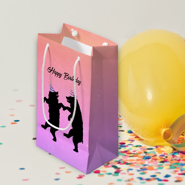 Två Dansar Black Bears Party Hats Birthday (Two happy black bears dancing wearing party hats on peach, pink purple Birthday gift bag.)