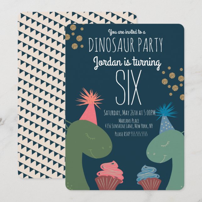 Två dinosaurie födelsedagscupcakes Glitterkonfetti Inbjudningar (Fram/baksida)