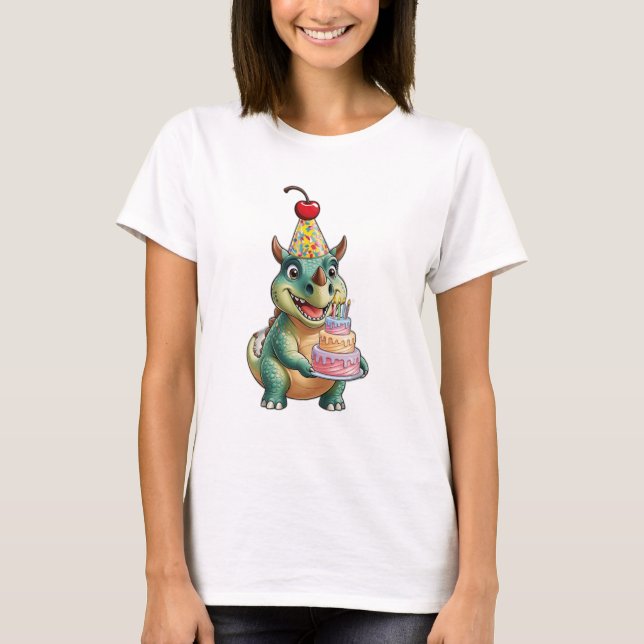Två dinosaurier dansar som de är vid party. t shirt (Framsida)