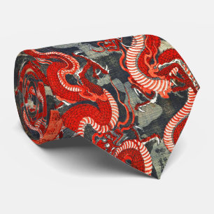 TVÅ DRAGONS JAPANESE WOODCUT I RED BLACK WHITE SLIPS