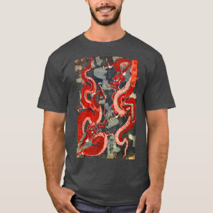 TVÅ DRAGONS JAPANESE WOODCUT I RED BLACK WHITE T SHIRT