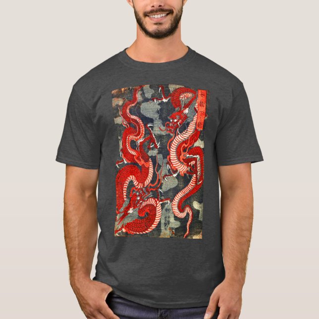TVÅ DRAGONS JAPANESE WOODCUT I RED BLACK WHITE T SHIRT (Framsida)