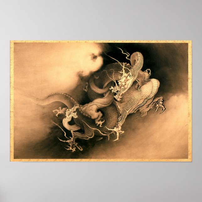 Två drakar i moln (1885) av Kanō Hōgai Poster (Framsidan)