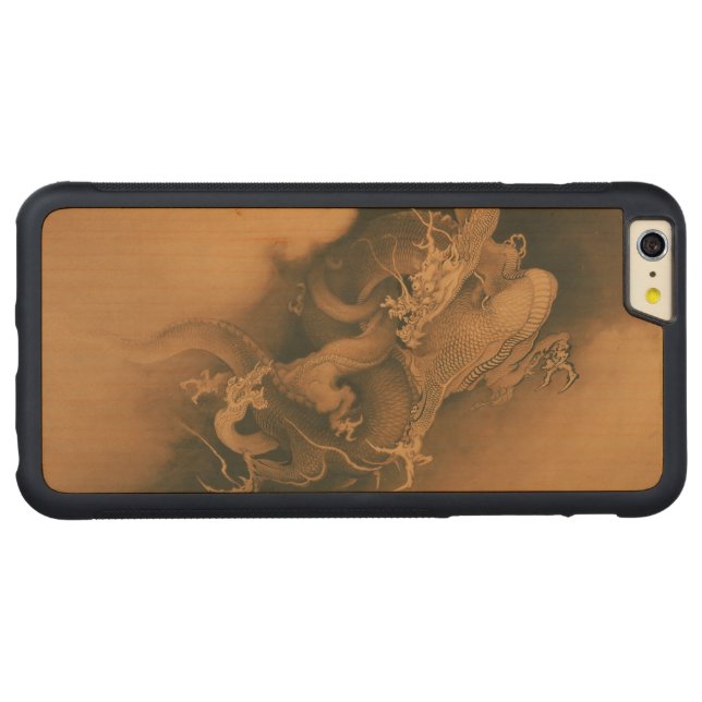 Två drakar i molnvintage carved wood iPhone skal (Baksidan (horisontell))