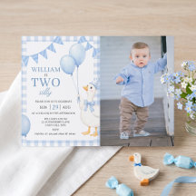 Två dumma blå Gingham-pojke 2-års födelsedagsinbju