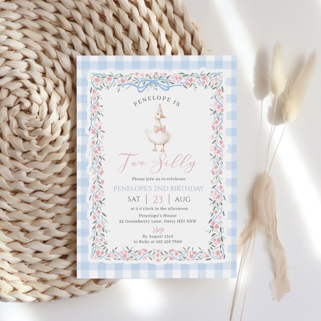 Två dumma gås blå Gingham flicka 2-årsdag Inbjudningar (Skapare uppladdad)