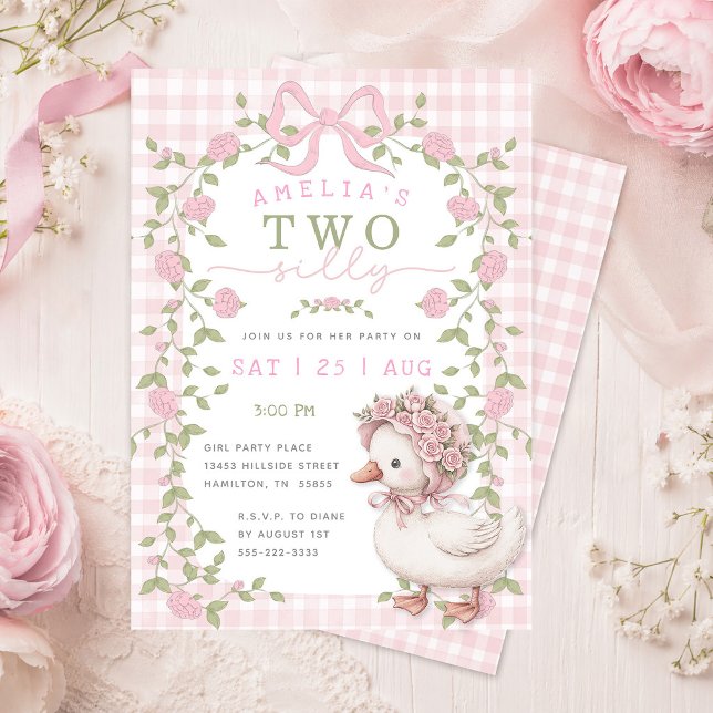 Två dumma gås rosa gingham andra födelsedagsfest inbjudningar (Two Silly Goose Pink Gingham Second Birthday Party Invitation)