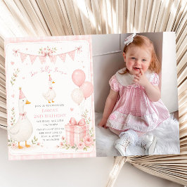 Två dumma gäss rosa blommig 2-års födelsedagsfoto inbjudningar