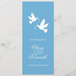 Två duvor blå och vit bröllop-middagsmeny meny