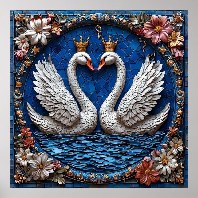 Två Eleganta Svanar Med Kronor Poster (Framsidan)