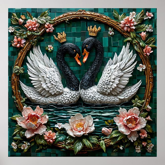 Två Eleganta Svanar Med Kronor Poster (Framsidan)