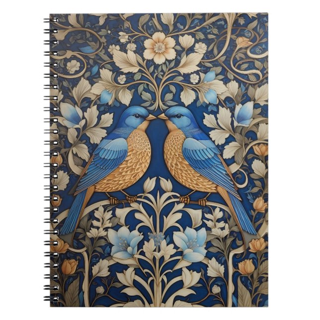 Två Eleganter Blue Birds William Morris Inspired Anteckningsbok (Framsidan)