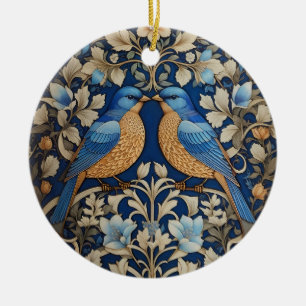 Två Eleganter Blue Birds William Morris Inspired Julgransprydnad Keramik