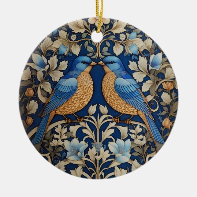 Två Eleganter Blue Birds William Morris Inspired Julgransprydnad Keramik (Framsidan)