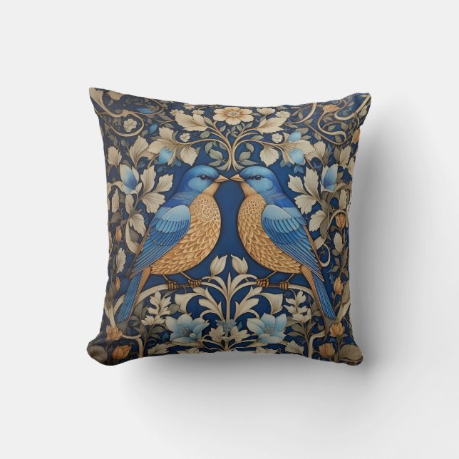 Två Eleganter Blue Birds William Morris Inspired Kudde (Framsida)
