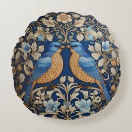 Två Eleganter Blue Birds William Morris Inspired Rund Kudde