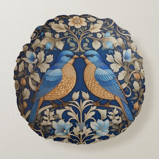 Två Eleganter Blue Birds William Morris Inspired Rund Kudde (Framsidan)