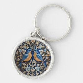 Två Eleganter Blue Birds William Morris Inspired Rund Silverfärgad Nyckelring
