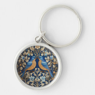 Två Eleganter Blue Birds William Morris Inspired Rund Silverfärgad Nyckelring