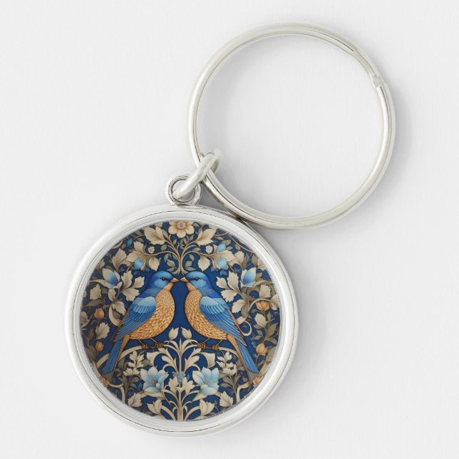 Två Eleganter Blue Birds William Morris Inspired Rund Silverfärgad Nyckelring (Framsidan)