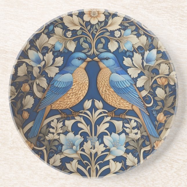 Två Eleganter Blue Birds William Morris Inspired Underlägg (Framsidan)
